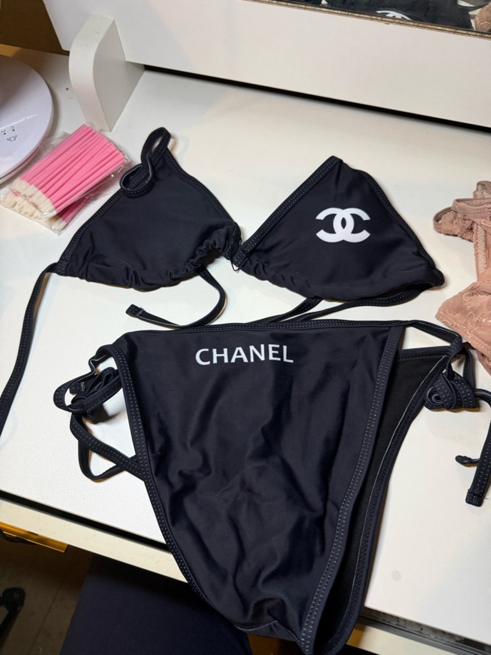 CHANEL Black and White Logo Triangle Bikini Set